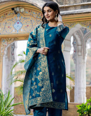 Divastri Women’s Jacquard Silk Blend Kurta Pant Dupatta Set | Rama Blue Ethnic Wear | Festive, Party & Wedding Traditional Outfit for Women in Malaysia