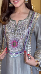 Silver Mirrorwork Kurta Set with Embellished Cuffs