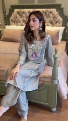 Silver Mirrorwork Kurta Set with Embellished Cuffs