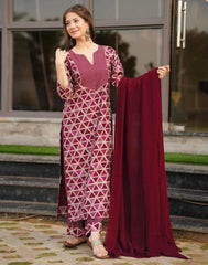 Gorgeous Maroon Colored Calf Length Kurta Set
