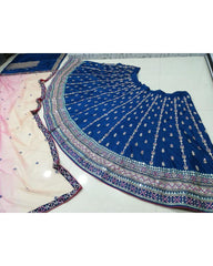 Blue chinon silk thread sequence wedding lehenga choli