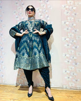 Teal blue banarasi anarkali kurta set with Dhoti pant