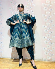 Teal blue banarasi anarkali kurta set with Dhoti pant