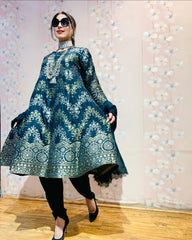 Teal blue banarasi anarkali kurta set with Dhoti pant