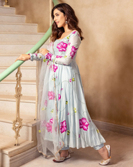 trendy sky Coloured Flaired Kurta With Bottom And Beautifull Dupatta Set