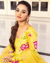 trendy Yellow Coloured Flaired Kurta With Bottom And Beautifull Dupatta Set