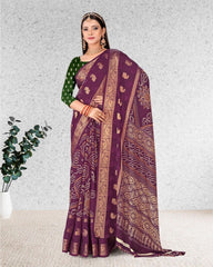 Bandhani Print Jacquard border Cotton saree with blouse for women