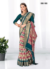 Geometric Print Zari border Soft cotton saree with blouse for women
