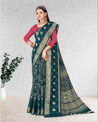 Bandhani Print Jacquard border Cotton saree with blouse for women
