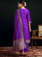 Violet & Gold Silk Blend Jacquard Woven Kurta Set with Trousers & Dupatta | Elegant Indian Ethnic Wear for Women Malaysia