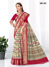 Geometric Print Zari border Soft cotton saree with blouse for women