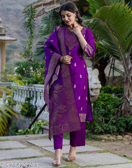 Silk Blend Purple Kurta Set for Women | Self Design Kurta Pants with Dupatta | Elegant Indian Ethnic Wear Malaysia | Wedding & Party Outfit