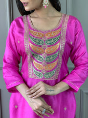 PINK  COLOURED  WOMEN'S VISCOSE CHANDERI KURTA WITH PANT DUPATTA  SET