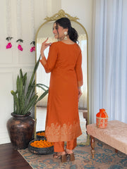 OREAGE  COLOURED  WOMEN'S VISCOSE JACQUARD   KURTA  WITH PANT DUPATTA  SET