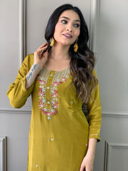 YELLOW  GREEN COLOURED  WOMEN'S VISCOSE CHANDERI KURTA WITH PANT DUPATTA  SET