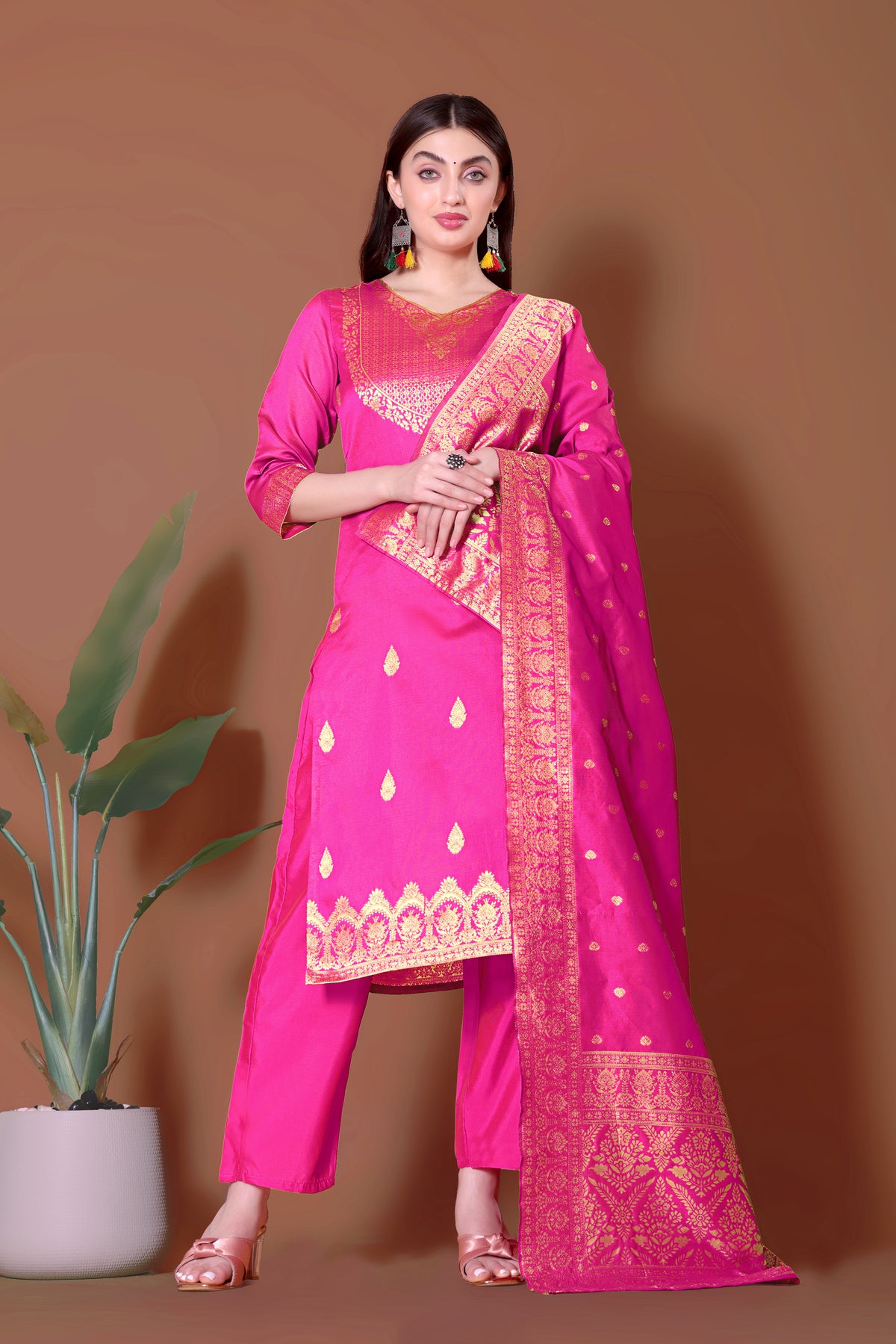 Elegant Pink Jacquard Kurta Set with Bottom & Dupatta | Readymade Indian Suit | Size S-XXL