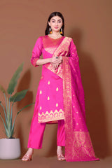 Elegant Pink Jacquard Kurta Set with Bottom & Dupatta | Readymade Indian Suit | Size S-XXL