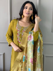 YELLOW  GREEN COLOURED  WOMEN'S VISCOSE CHANDERI KURTA WITH PANT DUPATTA  SET