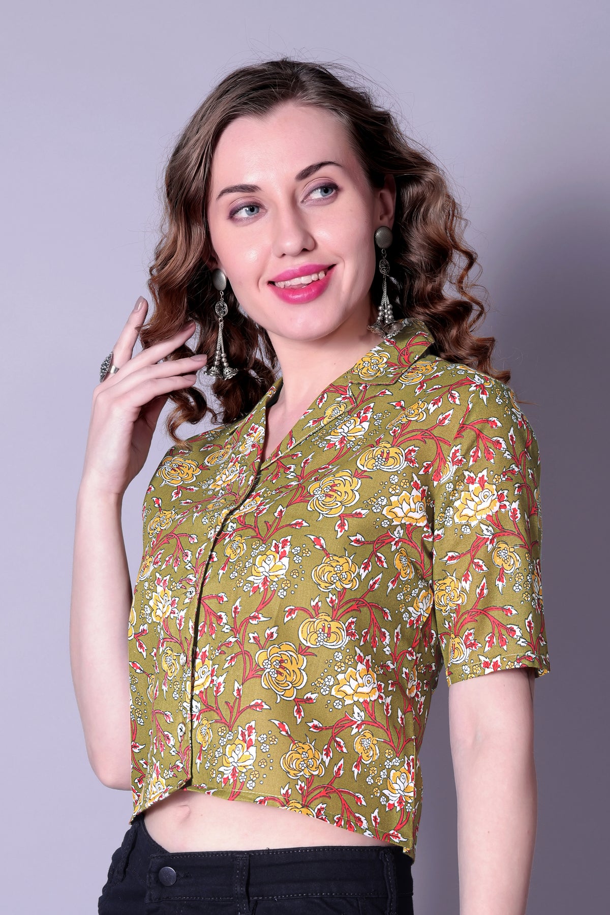 Women’s Olive Green Floral Printed Cotton Crop Shirt – Stylish Short Sleeve Casual Wear | Trendy Summer Fashion Malaysia 2025 (C-15)