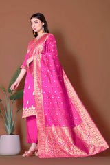 Elegant Pink Jacquard Kurta Set with Bottom & Dupatta | Readymade Indian Suit | Size S-XXL