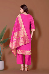 Elegant Pink Jacquard Kurta Set with Bottom & Dupatta | Readymade Indian Suit | Size S-XXL