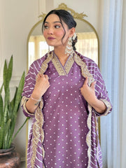 PURPLE COLOURED  WOMEN'S  REYON   EMBROIDERED  KURTA WITH PANT DUPATTA SET