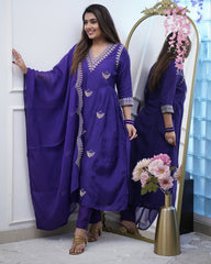 PURPLE  COLOURED  WOMEN'S PV CHANDERI  KURTA WITH PANT DUPATTA  SET