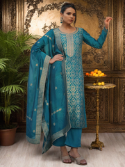Light Teal Silk Kurta Set with Embroidery & Jacquard Dupatta | Partywear & Ethnic Collection for Women in Malaysia