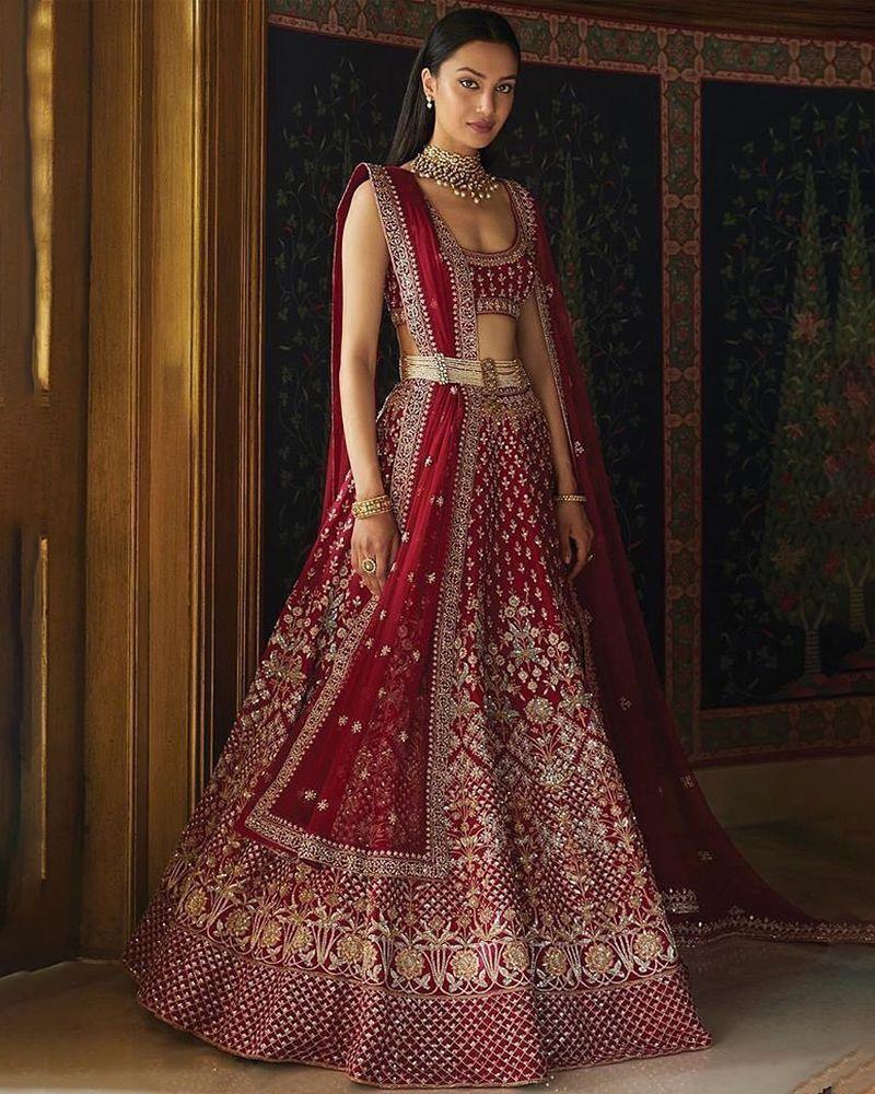 Dark maroon taffeta silk embroidered designer lehenga choli
