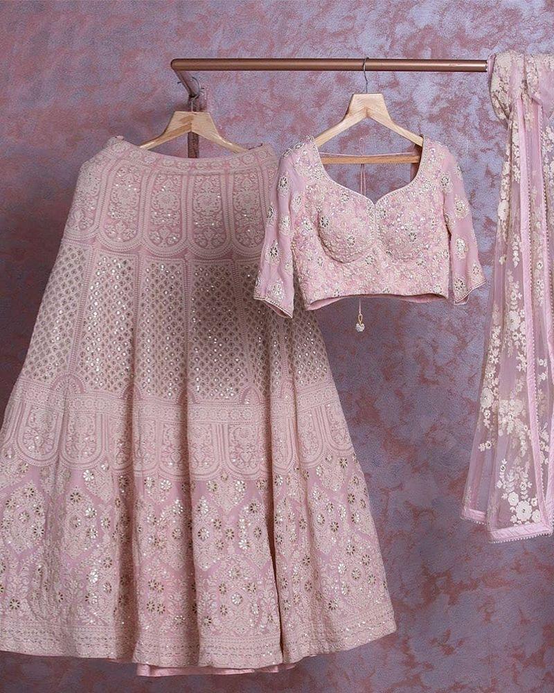 Baby pink coloured sequence embroidery work lehenga choli
