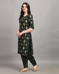 GUFRINA Rayon Printed A-Line Kurta with Embroidery & Patiala Bottom | Trending Indian Ethnic Wear Set | Ready to Wear Kurti Patiala