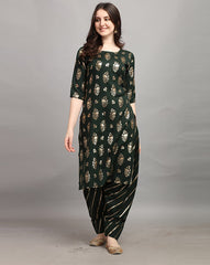 GUFRINA Rayon Printed A-Line Kurta with Embroidery & Patiala Bottom | Trending Indian Ethnic Wear Set | Ready to Wear Kurti Patiala