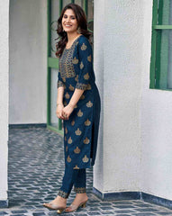 SKYLEE Women Block Print Cotton Blend Kurta Set with Pants & Net Dupatta | Ethnic Wear for Women Malaysia | Indian Suit | Traditional Kurti Set Online