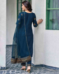 SKYLEE Women Block Print Cotton Blend Kurta Set with Pants & Net Dupatta | Ethnic Wear for Women Malaysia | Indian Suit | Traditional Kurti Set Online