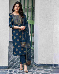 SKYLEE Women Block Print Cotton Blend Kurta Set with Pants & Net Dupatta | Ethnic Wear for Women Malaysia | Indian Suit | Traditional Kurti Set Online