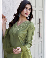 SKYLEE Women Embroidered Art Silk Straight Kurta Set with Pants & Net Dupatta | Latest Indian Ethnic Wear for Women Malaysia | Partywear Kurti Suit Online