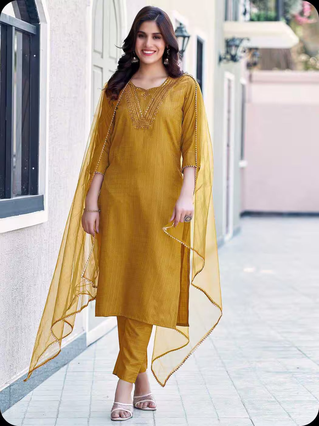 SKYLEE Women Embroidered Art Silk Straight Kurta Set with Pants & Net Dupatta | Latest Indian Ethnic Wear for Women Malaysia | Partywear Kurti Suit Online