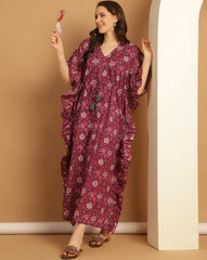 Secret Wish Women’s Floral Cotton Kaftan Dress | Full Length V-Neck Lounge Wear | Comfortable Summer Kaftan
