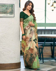 SATRANI Women Floral Silk Saree with Contrast Border | Elegant Party Wear Saree Online Malaysia | Traditional Indian Saree for Wedding & Festive Look