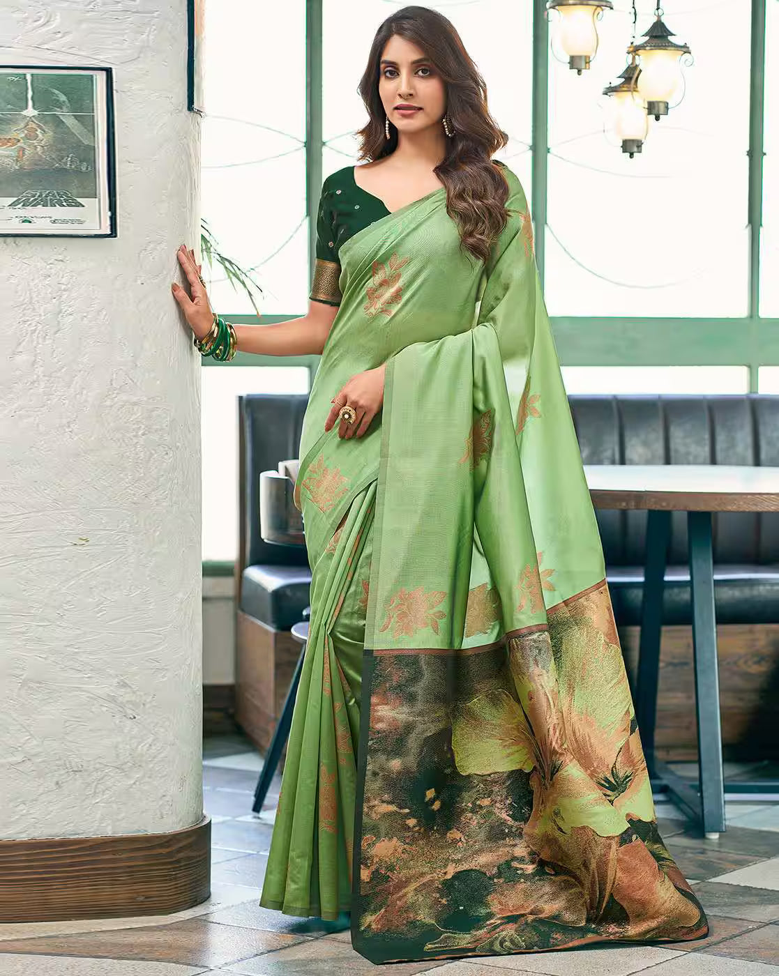 SATRANI Women Floral Silk Saree with Contrast Border | Elegant Party Wear Saree Online Malaysia | Traditional Indian Saree for Wedding & Festive Look