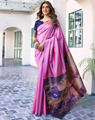 SATRANI Women Kanjeevaram Silk Saree with Contrast Border | Traditional Indian Saree Online Malaysia | Wedding & Party Wear Saree with Blouse Piece