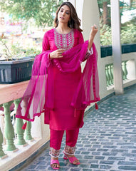 NYRIKA Women’s Embroidered Straight Kurta Set | Art Silk Ethnic Suit with Pants & Dupatta | Indian Pakistani Dress for Women Malaysia Online