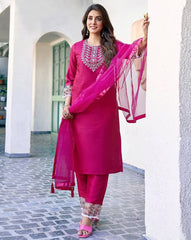 NYRIKA Women’s Embroidered Straight Kurta Set | Art Silk Ethnic Suit with Pants & Dupatta | Indian Pakistani Dress for Women Malaysia Online