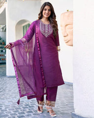 NYRIKA Women’s Embroidered Straight Kurta Set | Art Silk Ethnic Suit with Pants & Dupatta | Indian Pakistani Dress for Women Malaysia Online