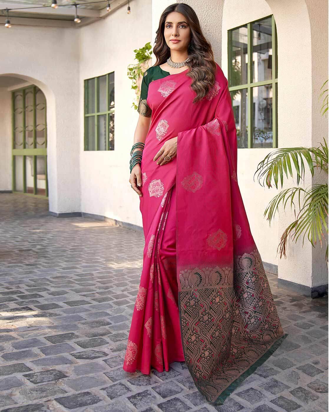 SATRANI Floral Silk Blend Saree with Contrast Pallu | Designer Indian Saree for Wedding, Party & Festival Wear | Saree with Blouse Piece | Buy Sarees Online Malaysia