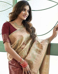 SATRANI Floral Woven Silk Blend Saree with Contrast Blouse Piece | Banarasi Style Indian Saree for Wedding & Party Wear | Silk Saree Online Malaysia