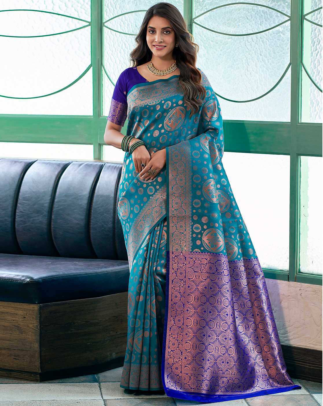 SATRANI Women Zari Woven Silk Blend Saree | Designer Banarasi Style Wedding & Party Wear Saree with Blouse Piece | Traditional Indian Saree Malaysia