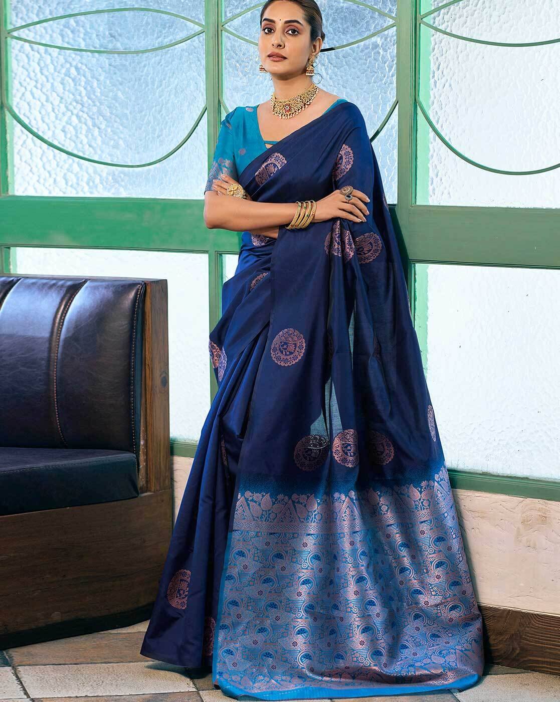 SATRANI Women Printed Silk Blend Saree with Contrast Border | Latest Indian Saree Online Shopping  | Casual & Party Wear Designer Saree with Blouse Piece