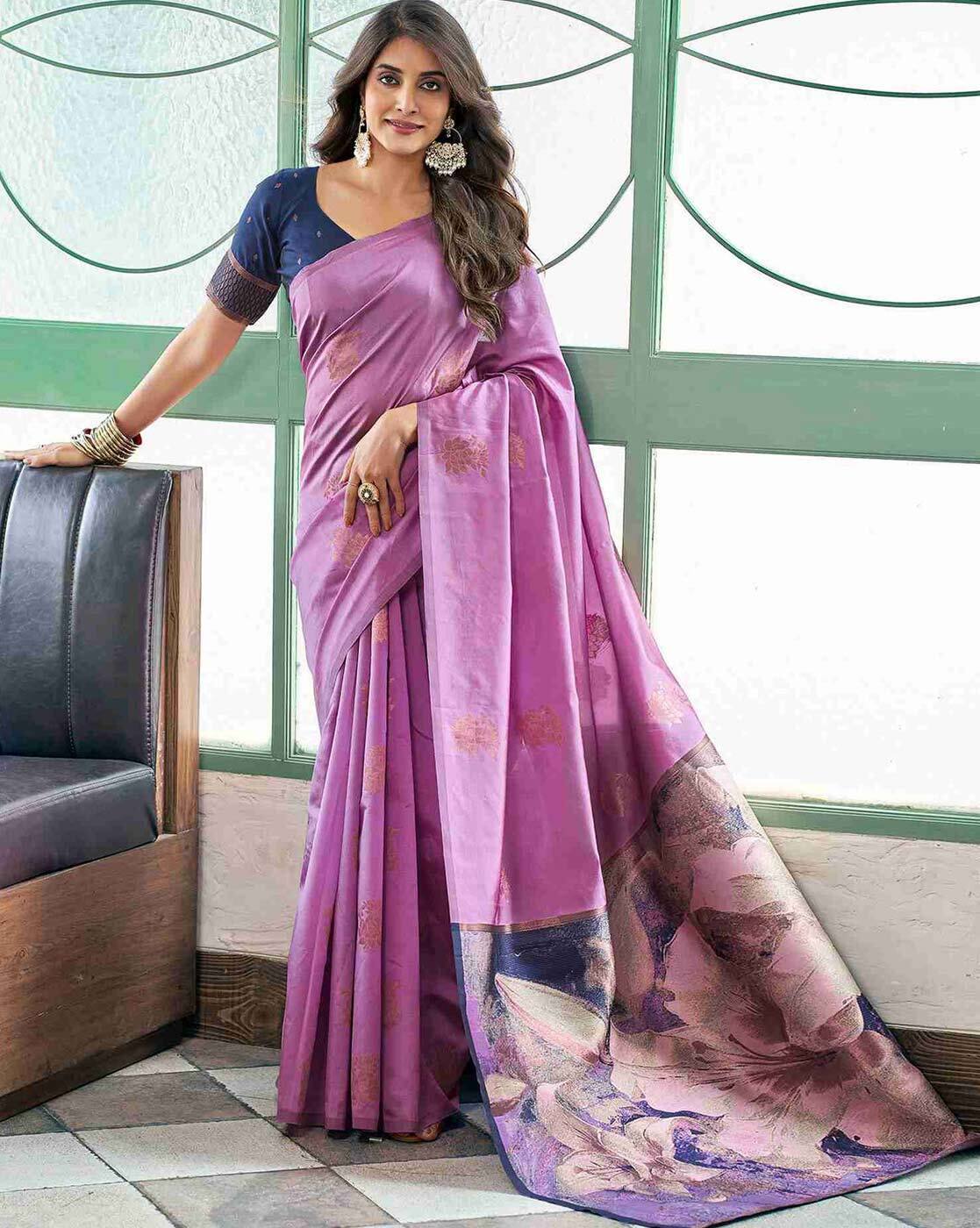 MORLY Women Kanjivaram Silk Saree with Contrast Border | Traditional Indian Saree | Wedding & Party Wear | Premium Silk Saree Malaysia Online