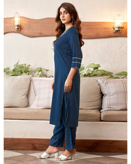 SKYLEE Women Embroidered Straight Kurta Set with Organza Dupatta | Cotton Blend Kurti Pant Suit | Latest Indian Ethnic Wear Malaysia | Women Kurung Set for Festive & Casual Wear